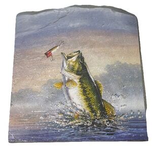 Vtg Jumping Bass Fish Lure Painted Slate Tile Art 8"x7"‎